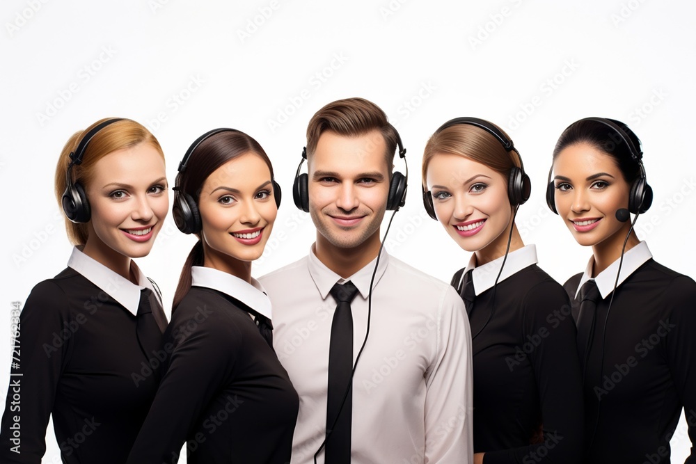 Group of call center workers who happy smiling business operator customer support team phone services. Generative AI. Group of call center workers who happy smiling business operator customer support team phone services. Generative AI.