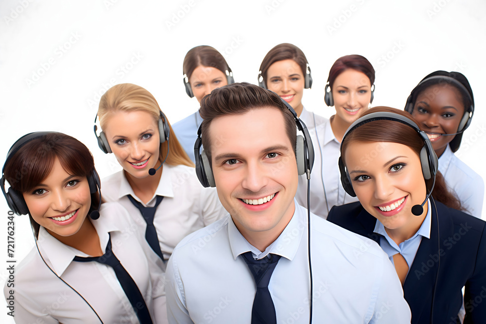 Group of call center workers who happy smiling business operator customer support team phone services. Generative AI. Group of call center workers who happy smiling business operator customer support team phone services. Generative AI.
