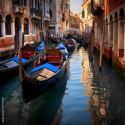 Gondolas on a canal in Venice.