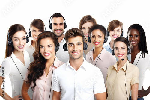 Group of call center workers who happy smiling business operator customer support team phone services. Generative AI.