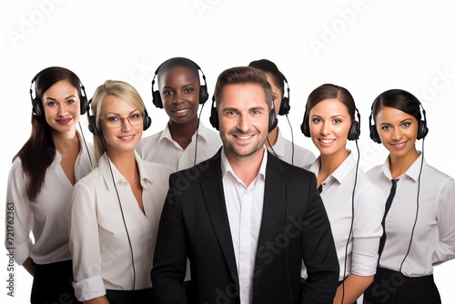 Group of call center workers who happy smiling business operator customer support team phone services. Generative AI.