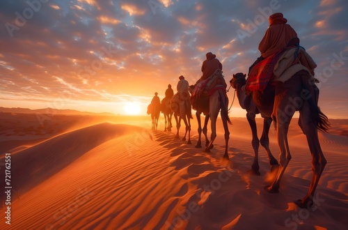 Ramadan background man riding a camel in the desert with sunset view. Eid Mubarak, happy fasting, eid al fitr