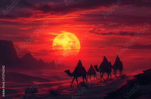 Ramadan background man riding a camel in the desert with sunset view. Eid Mubarak, happy fasting, eid al fitr