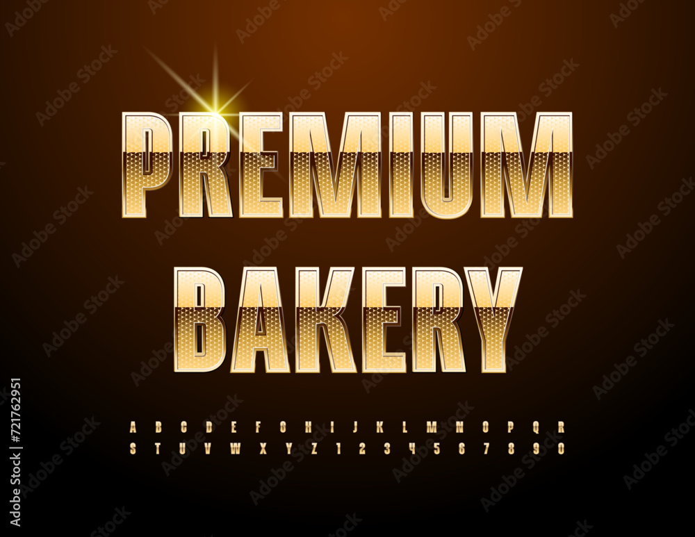 Vector advertising banner Premium Bakery with Gold Alphabet Letters and Numbers set. Glossy elite Font.