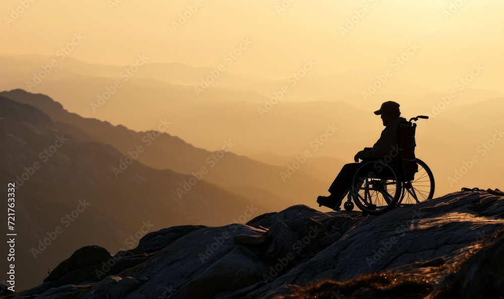 silhouette of a person in a wheelchair on top of a mountain