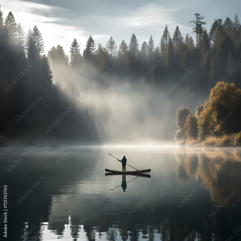 Paddleboarder on a tranquil lake.