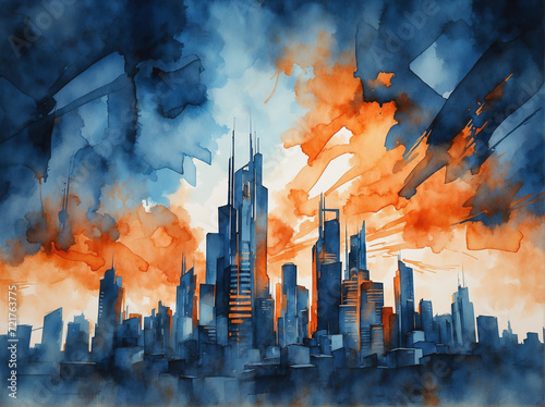watercolor illustration of an abstract urban city skyline, dark blue and orange cityscape painting, skyscraper scene with smog. buildings. Digital art 3D  © Deea Journey 