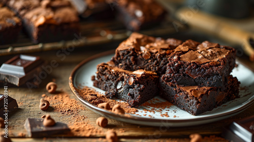 Gooey brownies with a crackly top, a chocolate lover's dream. Rich, fudgy squares boasting intense cocoa flavor, tempting with their heavenly aroma and irresistible texture photo