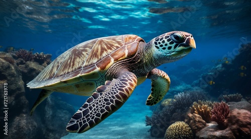 Sea Turtle underwater in an ocean scene backdrop