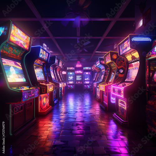 Retro arcade with glowing machines. 