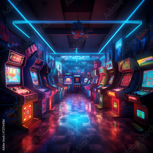 Retro arcade with glowing machines.  © Cao