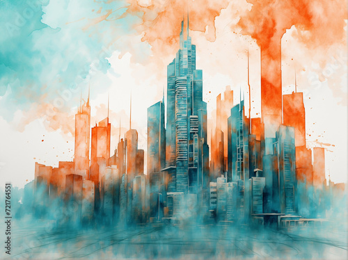 watercolor illustration of an abstract urban city skyline, teal and orange cityscape painting, skyscraper scene with smog. buildings. Digital art 3D 