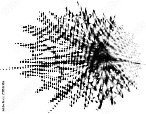 A pointed halftone polka dot mandala with a lightened sector, rushing forward into the distance. For logos, trademarks, emblems.  Space for copying text. Vector.