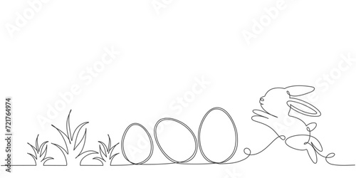 Easter bunny with eggs in simple one line style.