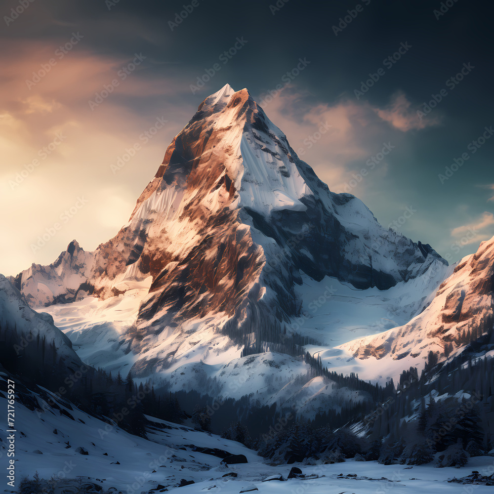 Snow-covered mountain peak in the early morning.