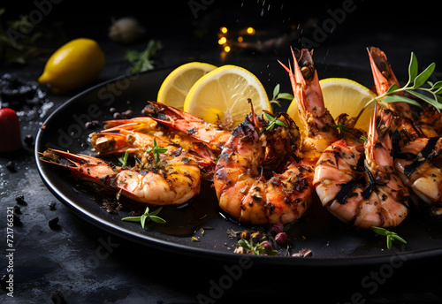 Professional food photography: grilled seafood shrimp with lemon and spices, blank space photo