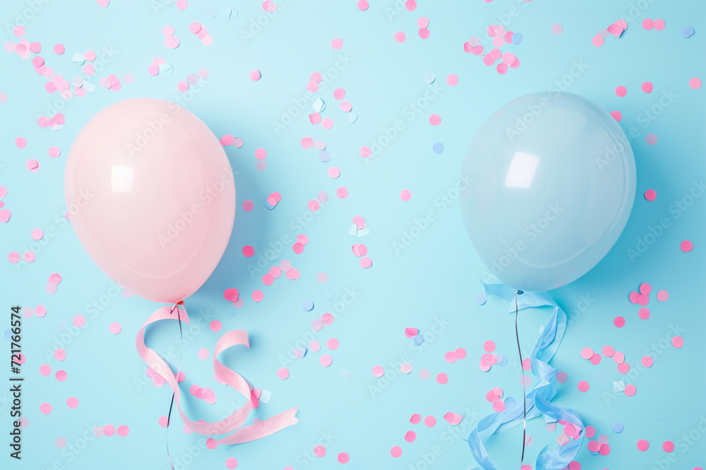 Pastel Pink and Blue Balloons with Ribbons and Confetti