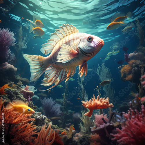 Surreal underwater scene with exotic fish. 