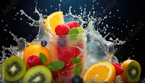 Splashing healthy fresh berries  kiwis and oranges smoothie with assorted ingredients served in glass bottle with fruits decoration on dark background. Generative AI. 