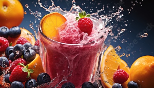 Splashing healthy fresh berries and oranges smoothie with assorted ingredients served in glass with fruits decoration on dark background. Generative AI. 