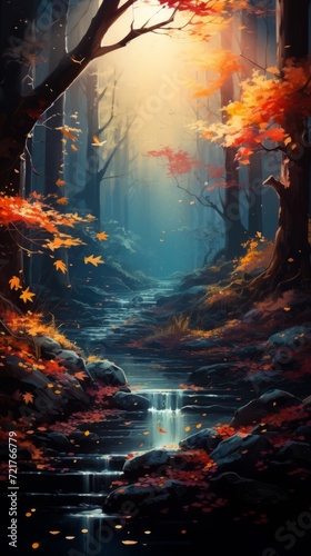 autumn light wallpaper, in the style of colorful fantasy realism,poured, scattered composition, beautiful, nature scenes