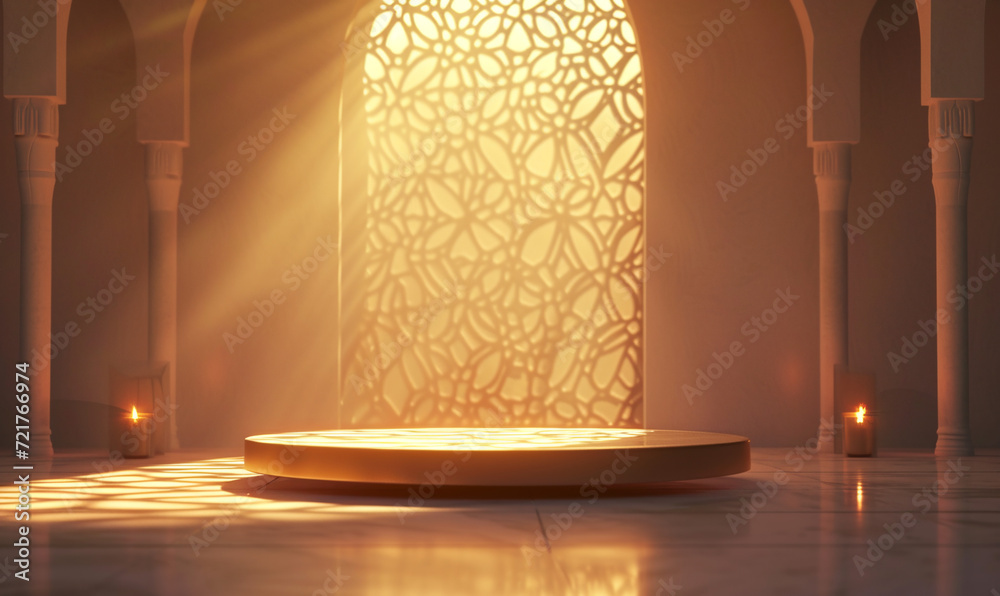 A Serene Islamic Interior With Arches and a Podium, Bathed in Soft Light, Perfect for Ramadan and Eid Themes. A Serene Islamic Interior With Arches and a Podium, Bathed in Soft Light, Perfect for Ramadan and Eid Themes.