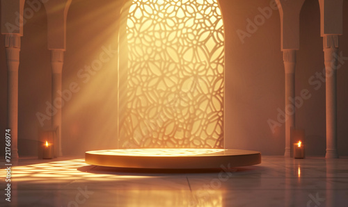 A Serene Islamic Interior With Arches and a Podium, Bathed in Soft Light, Perfect for Ramadan and Eid Themes.