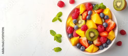 Bowl of healthy fresh fruit salad on white background