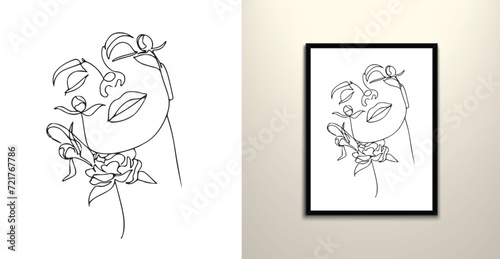 Woman faces with floral and leave line art drawing