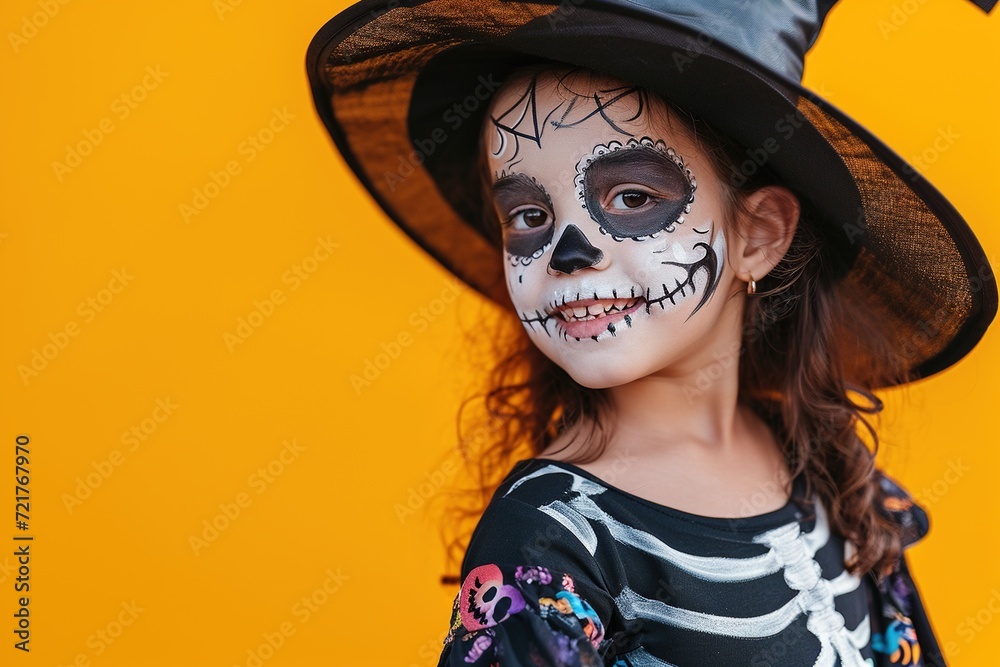 Cheerful young child in a skeleton costume with playful face painting, celebrating Halloween against a vibrant yellow background. Cheerful young child in a skeleton costume with playful face painting, celebrating Halloween against a vibrant yellow background.