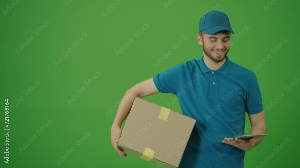 Green Screen Portrait of a Delivery Person in Uniform Holds Cardboard Boxes and Smiles. Courier Working in Logistics Distribution Center, Delivering Online Orders. Great delivery service. Green Screen Portrait of a Delivery Person in Uniform Holds Cardboard Boxes and Smiles. Courier Working in Logistics Distribution Center, Delivering Online Orders. Great delivery service.