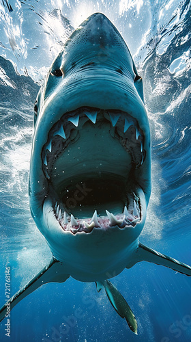 Underwater view of an ocean shark with open  toothy mouth