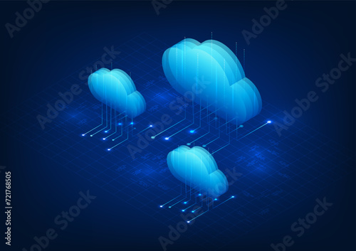 cloud technology Cloud that is storing data in the system and transfer from anywhere in real time via internet signal There is a security system. Vector illustration, Isometric image