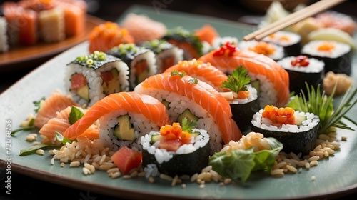 Sushi dish delicate grain of rice and meticulously arranged piece of fish, 8K ultra HD,  close-up view