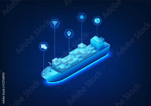 Transportation and logistics technology Worldwide shipping using ships and AI technology To identify locations and help manage transportation systems, ships with technology icons, Vector illustration