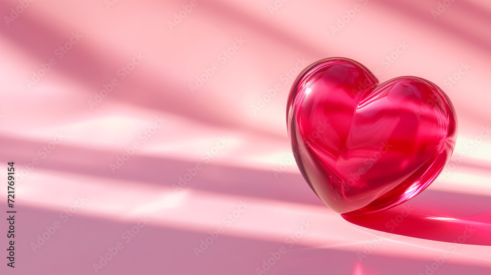 Red glass heart against a pink sunshine background. Copy space. Valentine, wedding background.