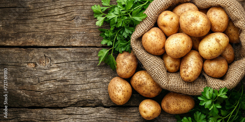 A sack of rustic russet potatoes potatos next to sprigs of parsley herbs on a wooden table, yellow golden potatoes, breakfast, carbohydrates, food, meal prep, ingredients