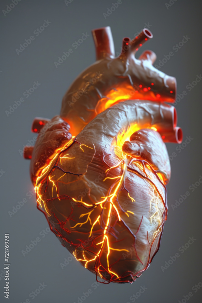 3D Model Heart with Orange Electric Pulse, Generative AI