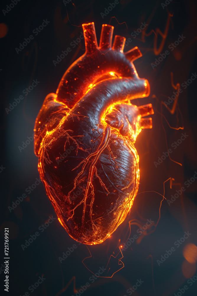 3D Model Heart with Glowing Orange Electric Pulse, Generative AI