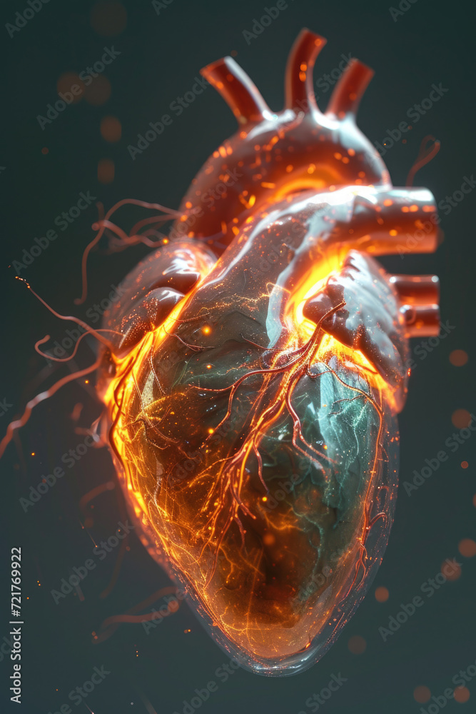 3D Model Heart with Glowing Orange Electric Pulse, Generative AI