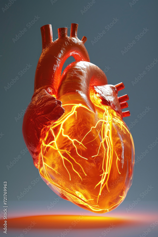 3D Model Heart with Glowing Orange Electric Pulse, Generative AI