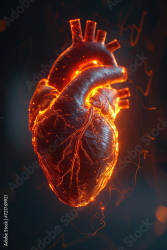 Obraz na płótnie 3D Model Heart with Glowing Orange Electric Pulse, Generative AI w salonie