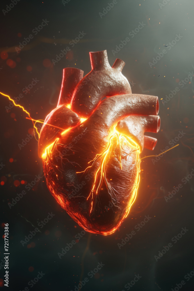 3D Model Heart with Glowing Orange Electric Pulse, Generative AI