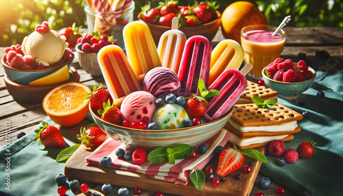 an outdoor summer setting with a selection of homemade frozen desserts like fruit popsicles