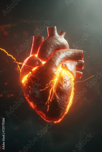 Obraz na płótnie 3D Model Heart with Glowing Orange Electric Pulse, Generative AI w salonie