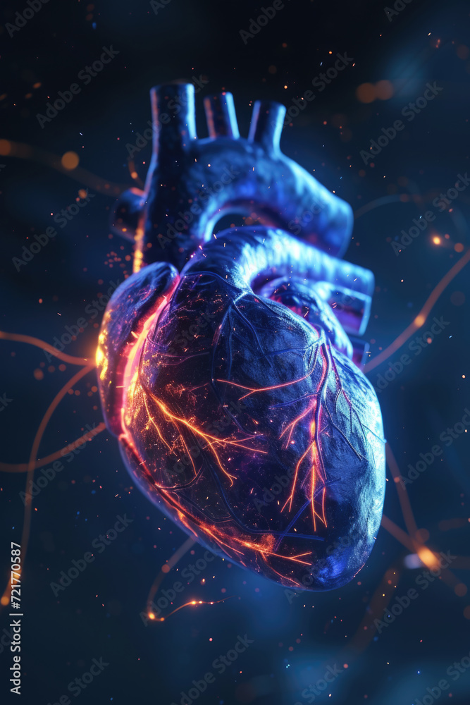 3D Heart Model with Multicolor Glow and Orange Pulse, Generative AI
