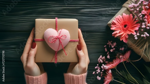 Woman holding valentine gift and envelope closeup