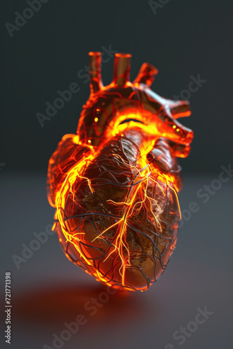 Obraz na płótnie 3D Model Heart with Glowing Orange Electric Pulse, Generative AI w salonie