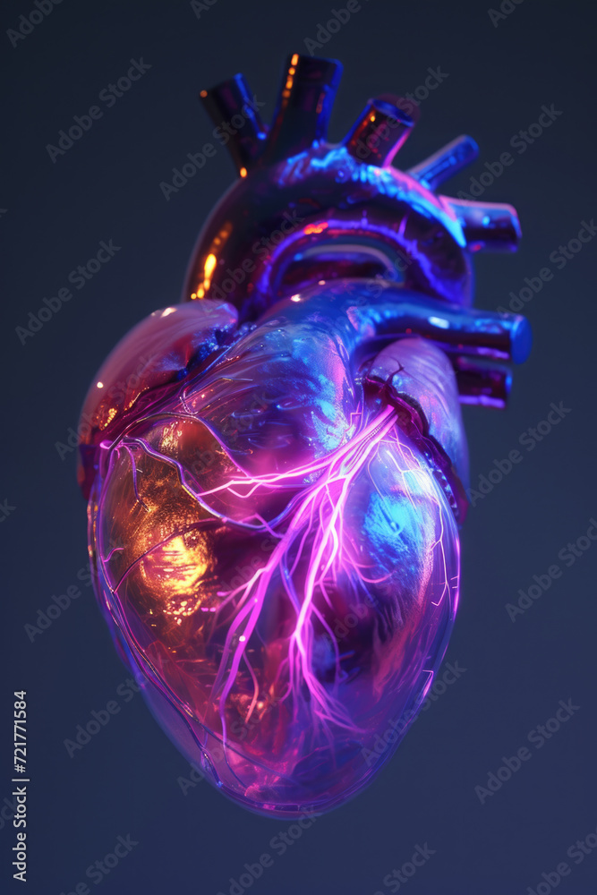 3D Heart Model with Multicolor Glow and Orange Pulse, Generative AI