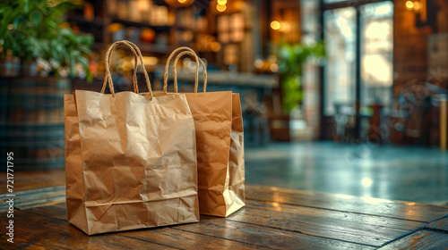 Fototapeta Naklejka Na Ścianę i Meble -  2 large kraft brown bags, to-go food, takeout, delivery food services, restaurant concept, paper bags
